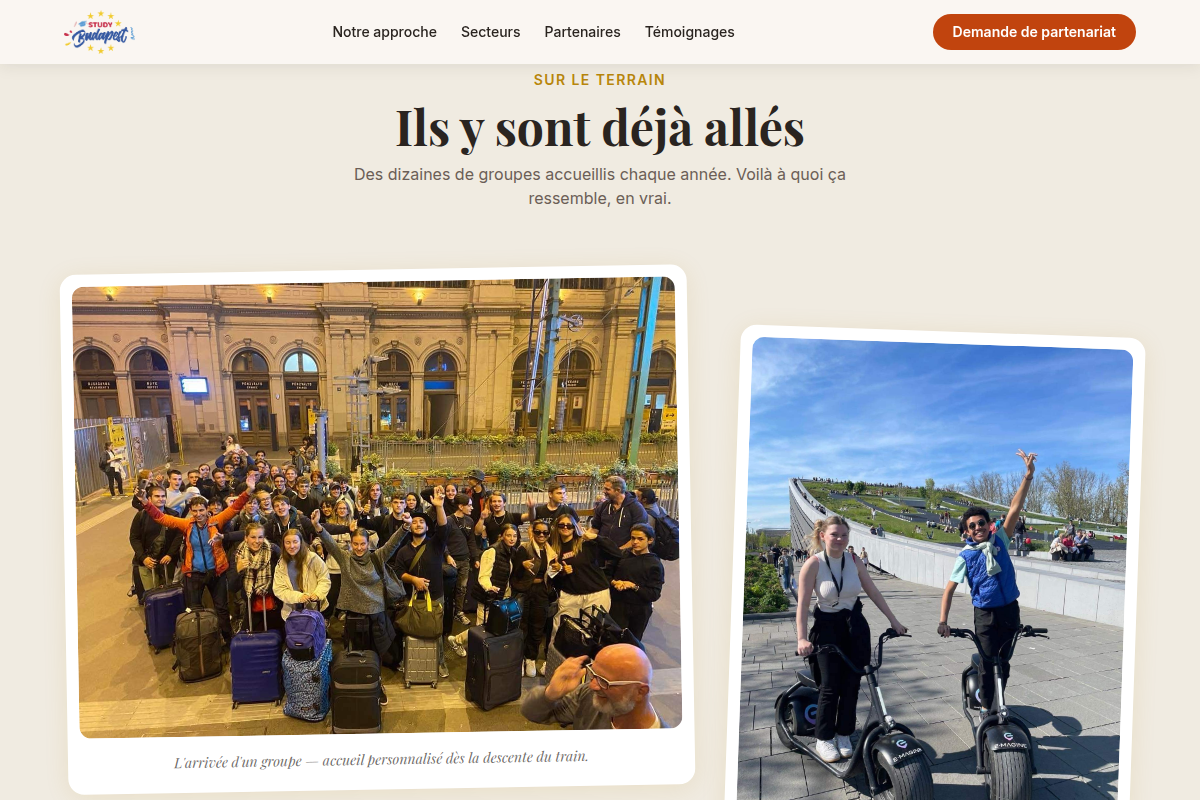 Vraies photos de groupes d'élèves accueillis à Budapest
