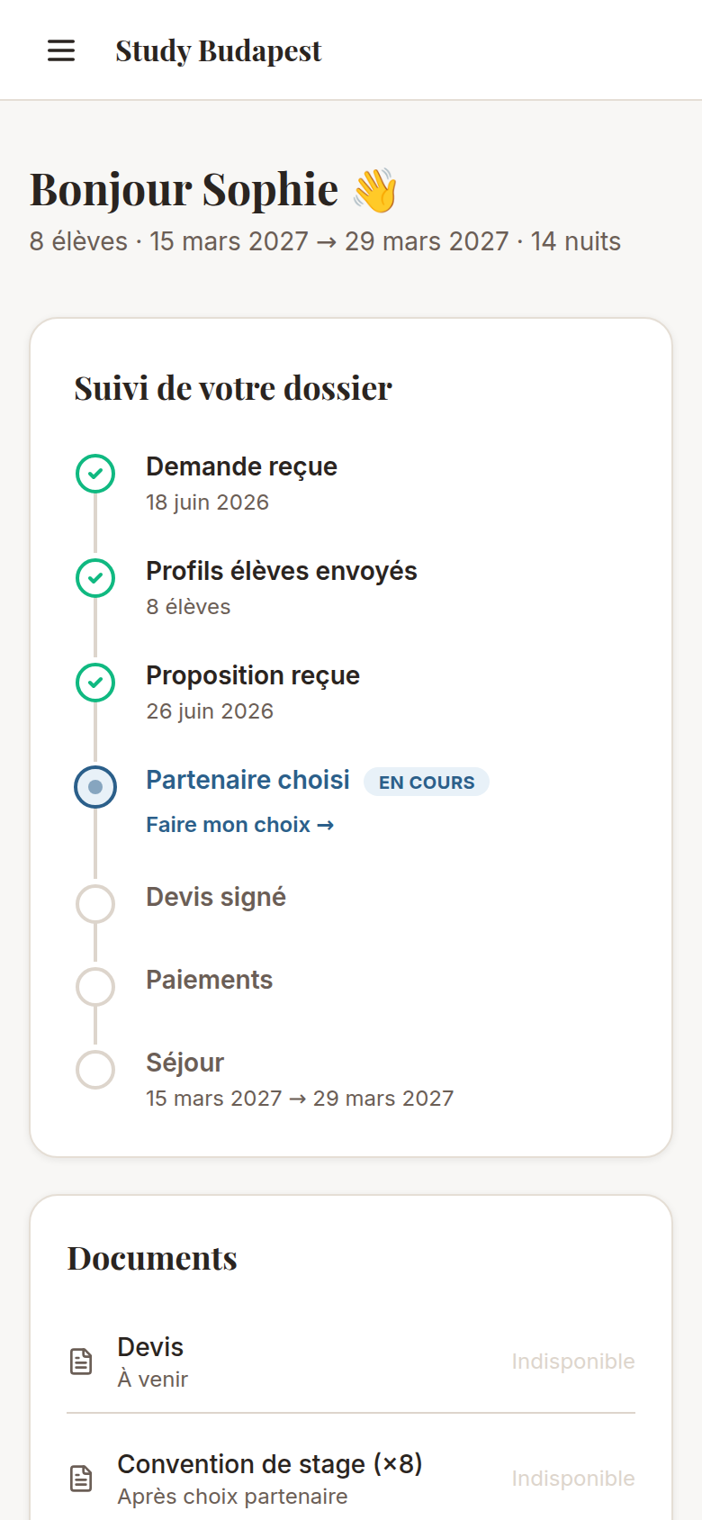Suivi de dossier mobile avec timeline responsive