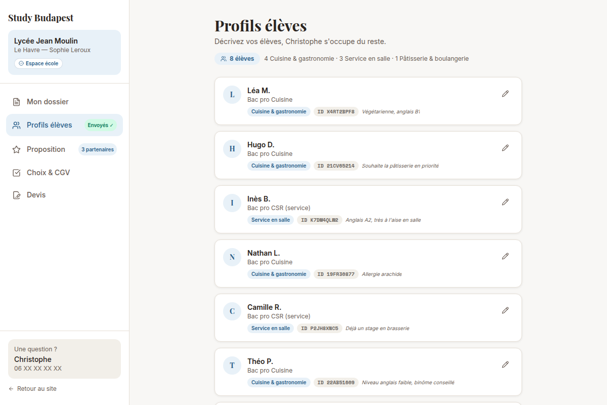 Saisie des profils élèves avec filière, secteur et remarques