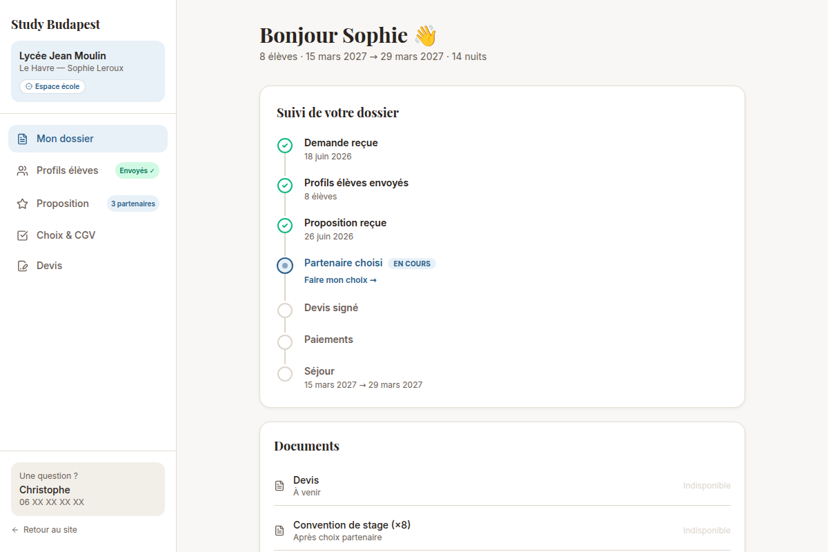Tableau de bord école : timeline du dossier et documents
