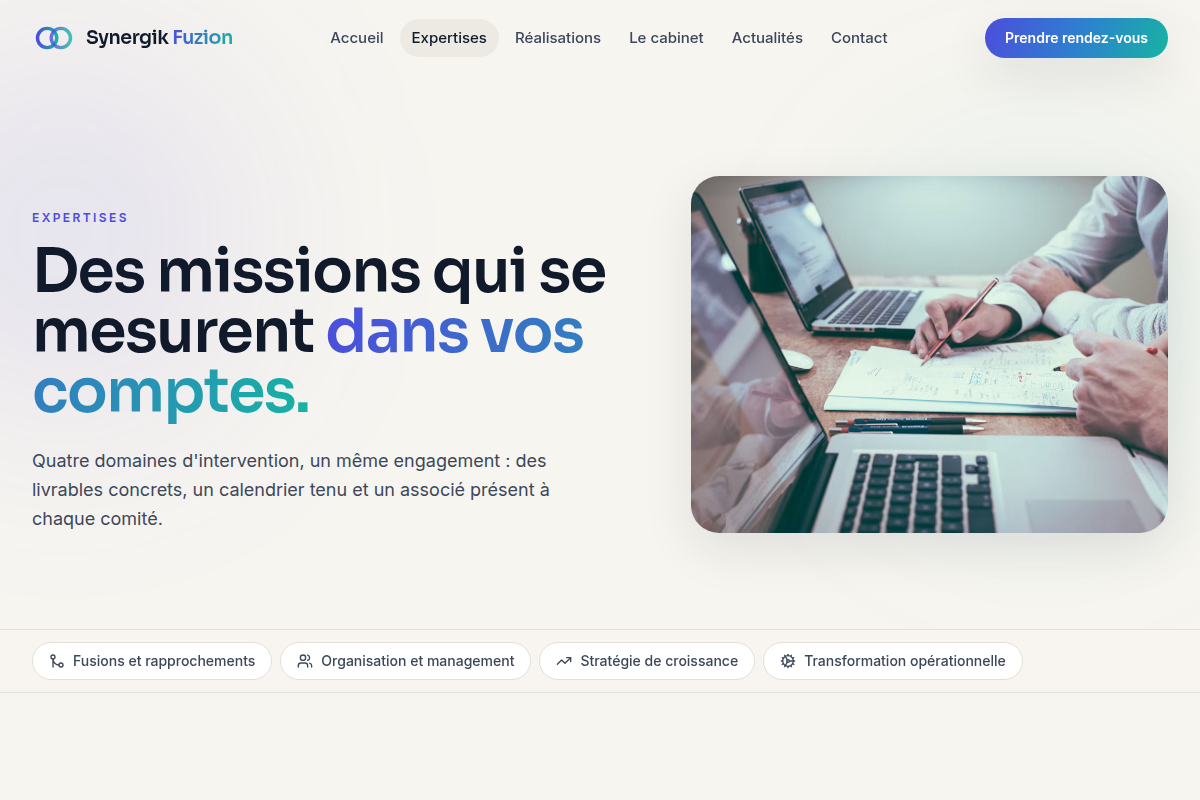 Page Expertises : 4 métiers détaillés