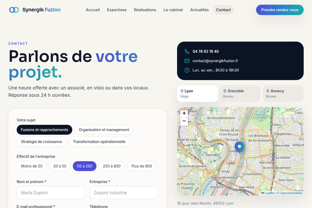 Contact : formulaire, créneaux, carte bureaux