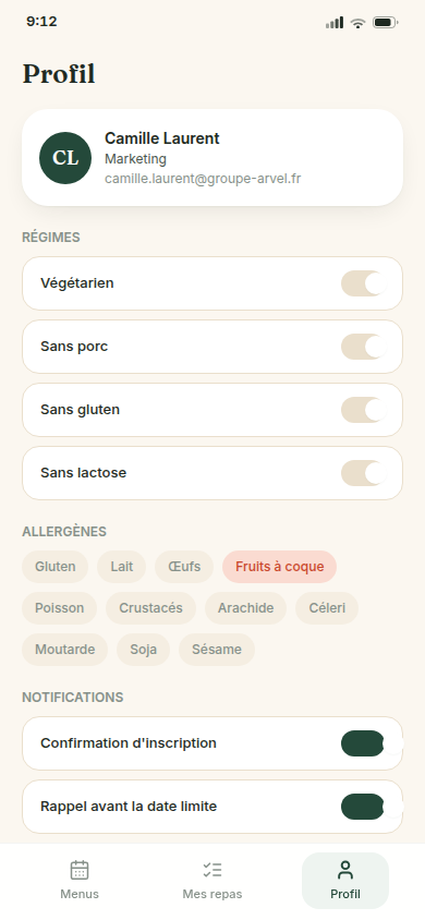 Profil avec régimes et allergènes