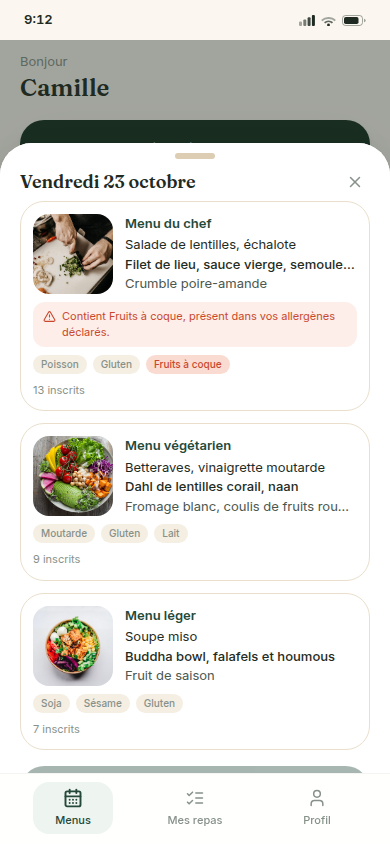 Sélection du menu avec allergènes