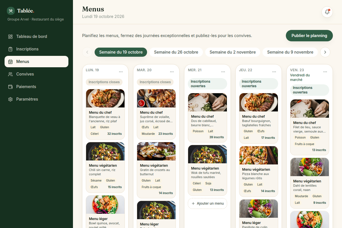 Planning des menus de la semaine