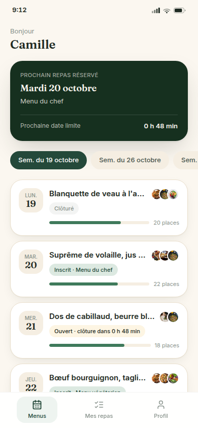 Accueil avec prochain repas réservé