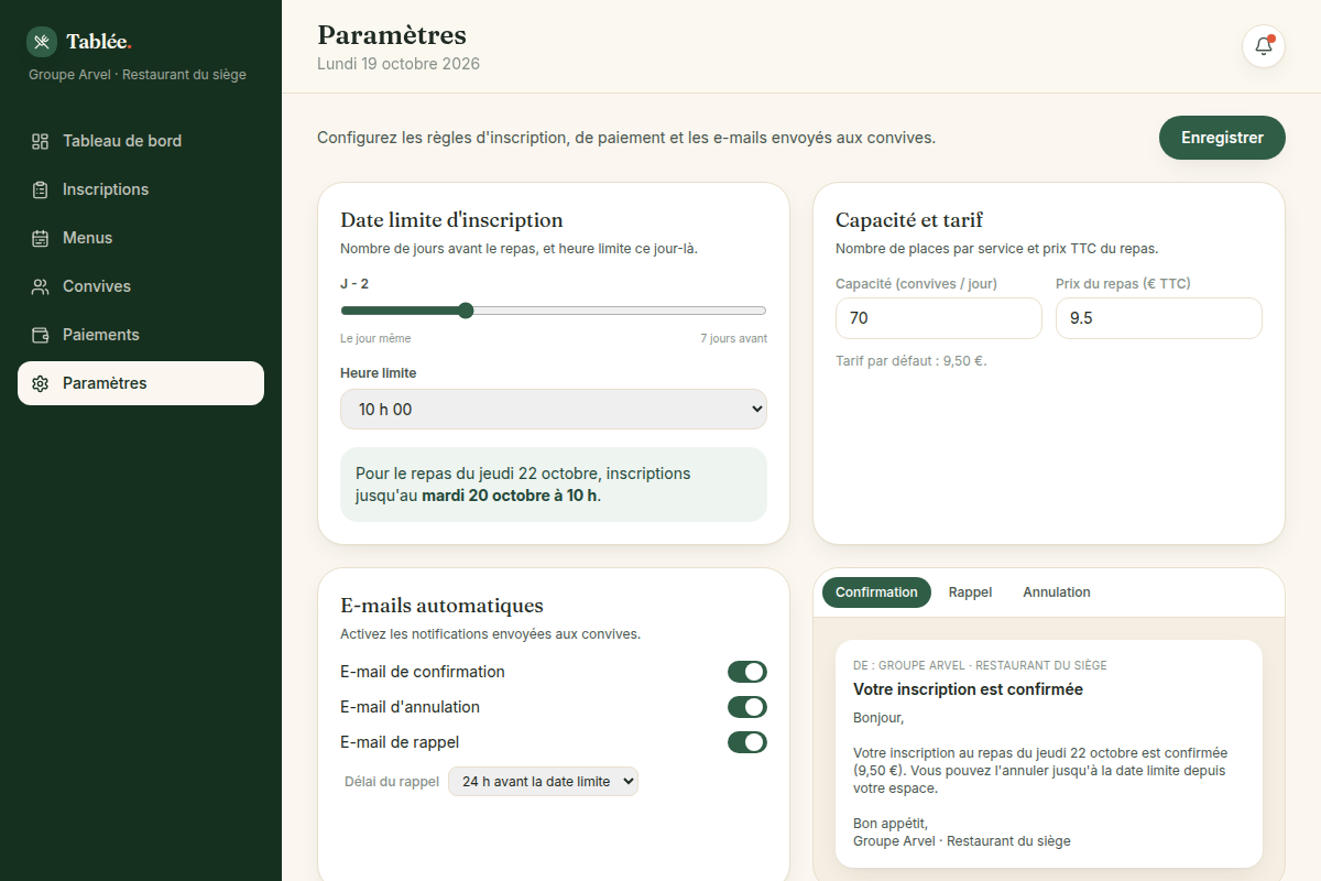 Réglages des délais et e-mails