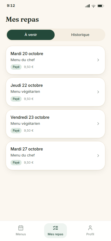 Historique des repas et statut de paiement