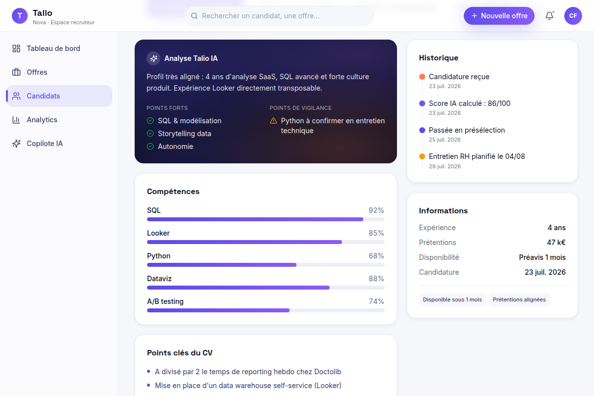 Fiche candidat : analyse IA forces et vigilance