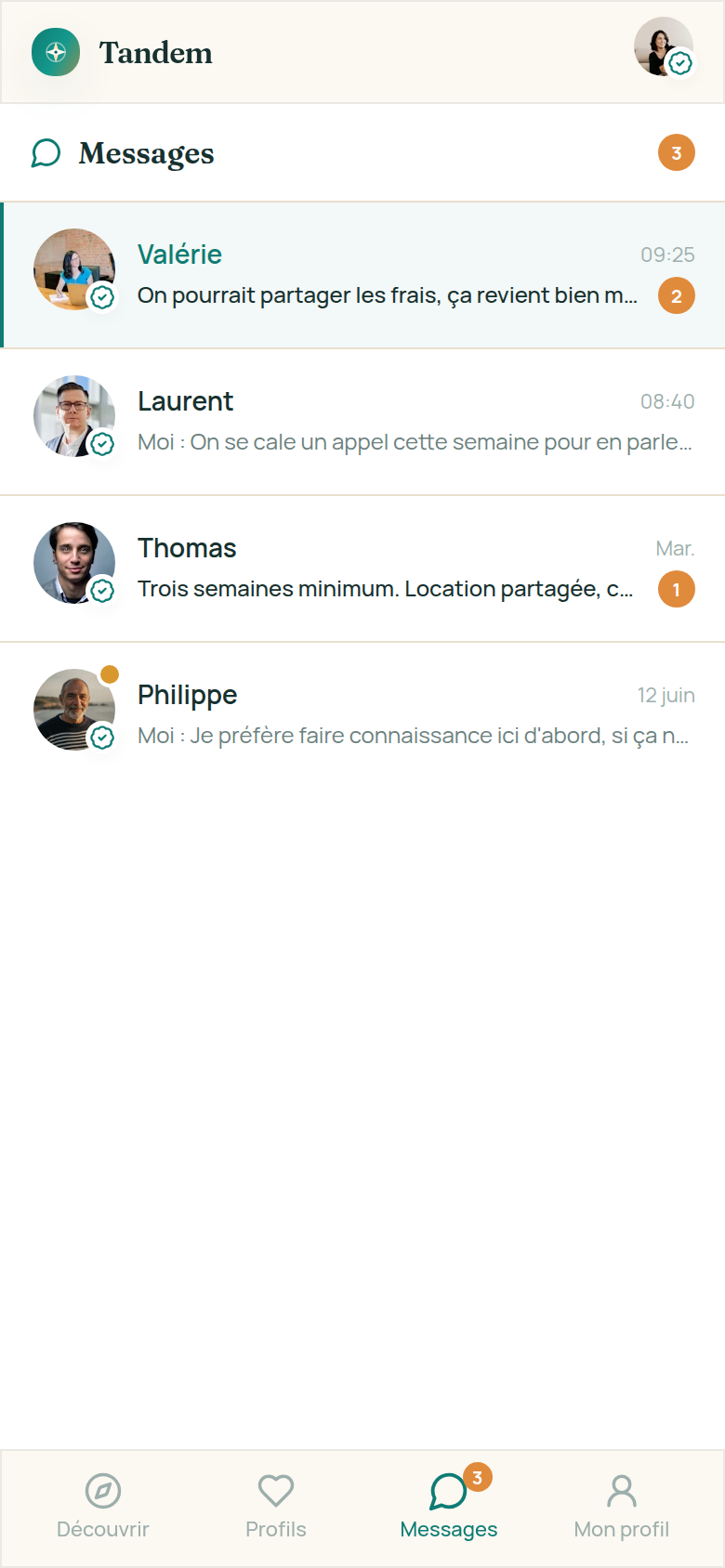 Messagerie intégrée avec vos tandems