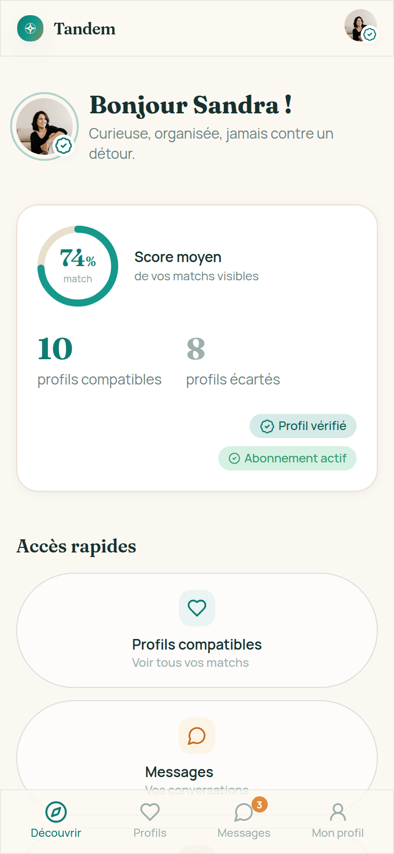 Accueil : score moyen et profils compatibles