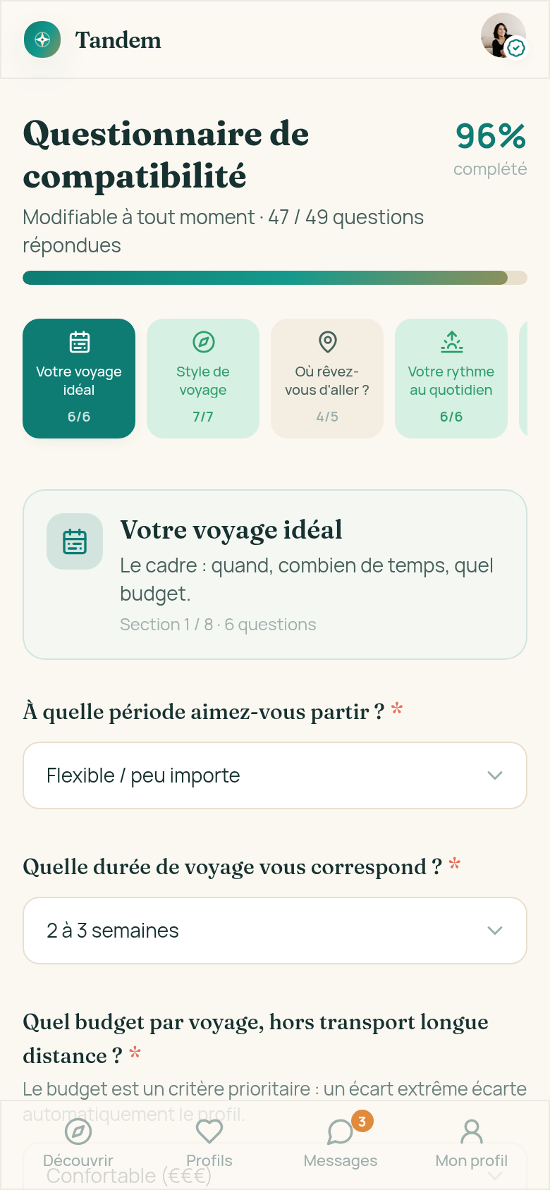 Questionnaire de compatibilité, 49 critères