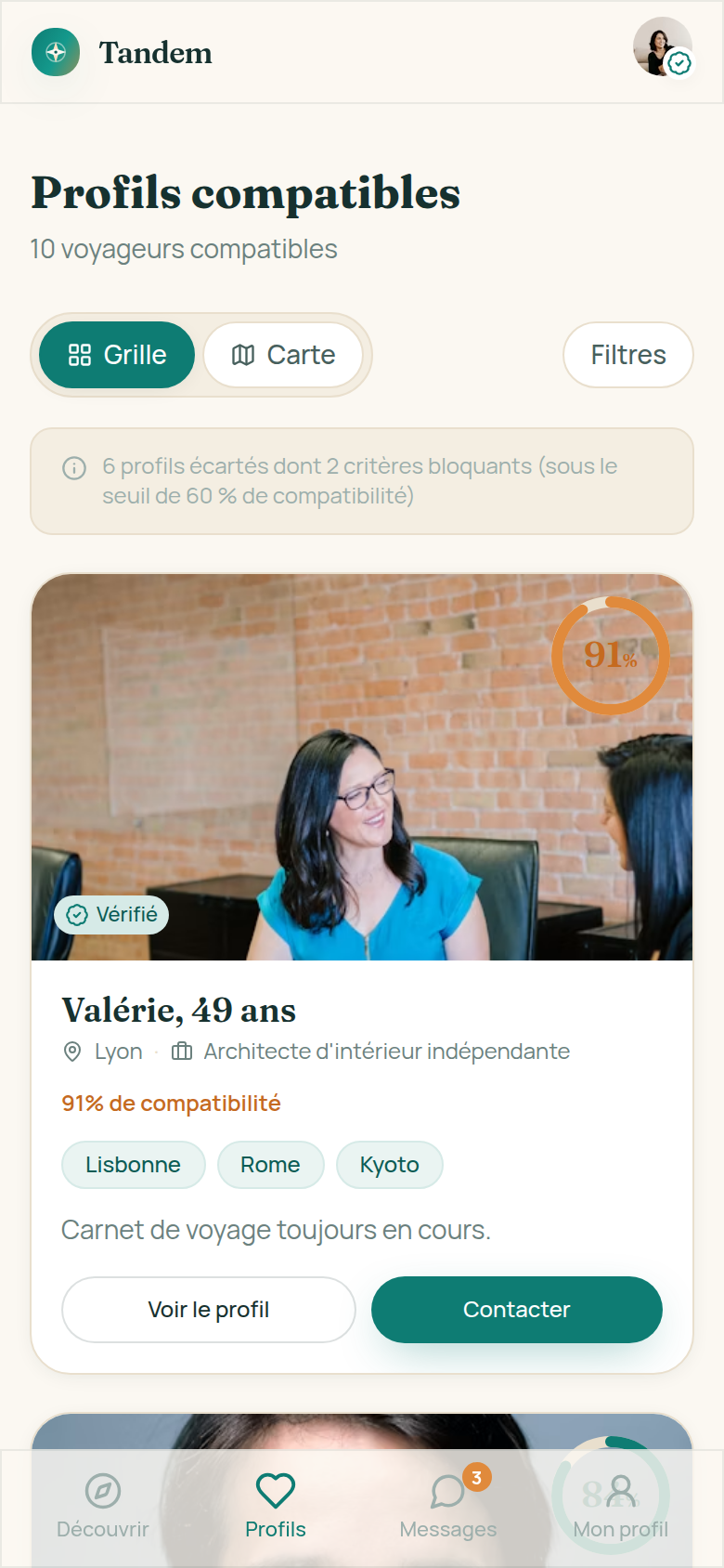 Profils compatibles triés par score