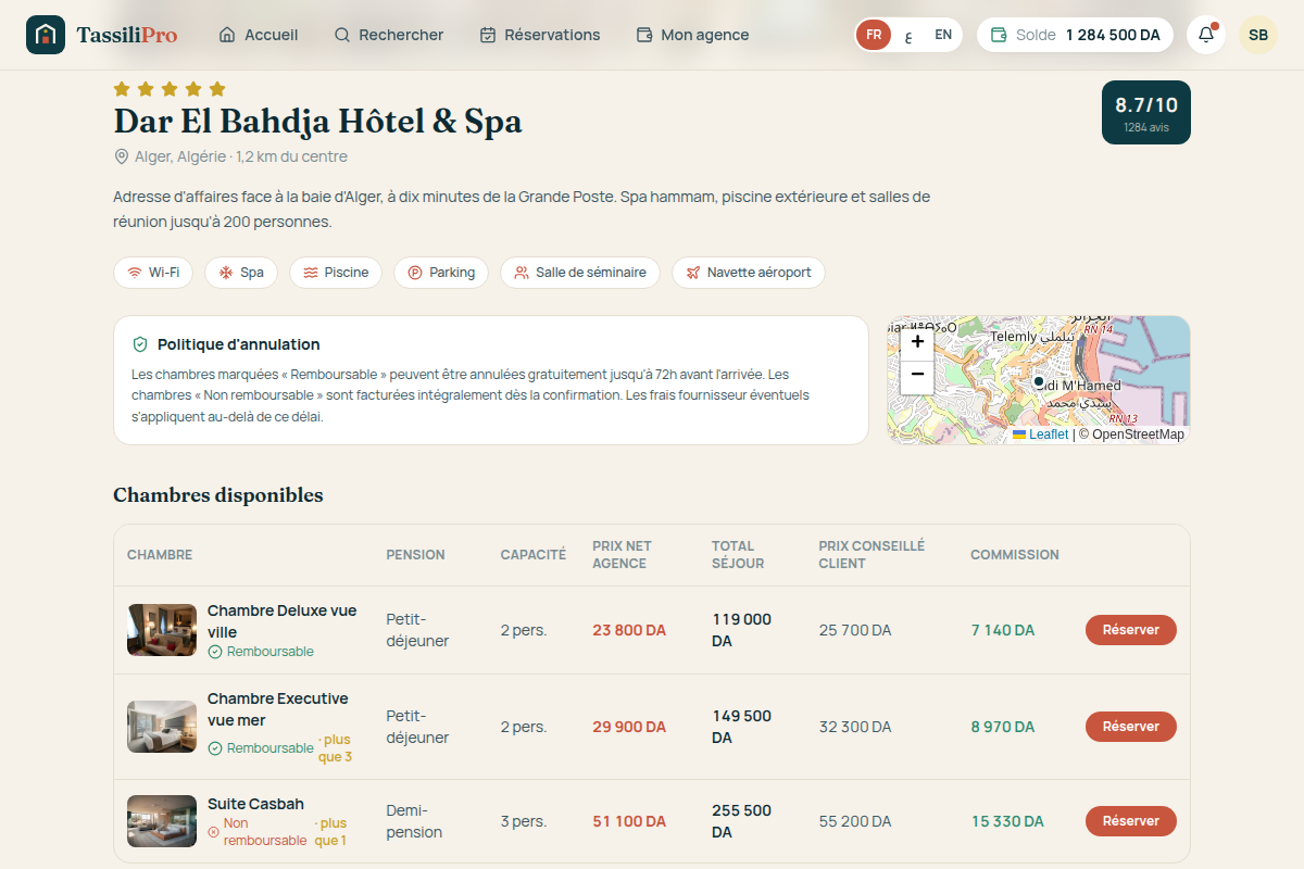 Fiche hotel avec chambres et tarifs nets