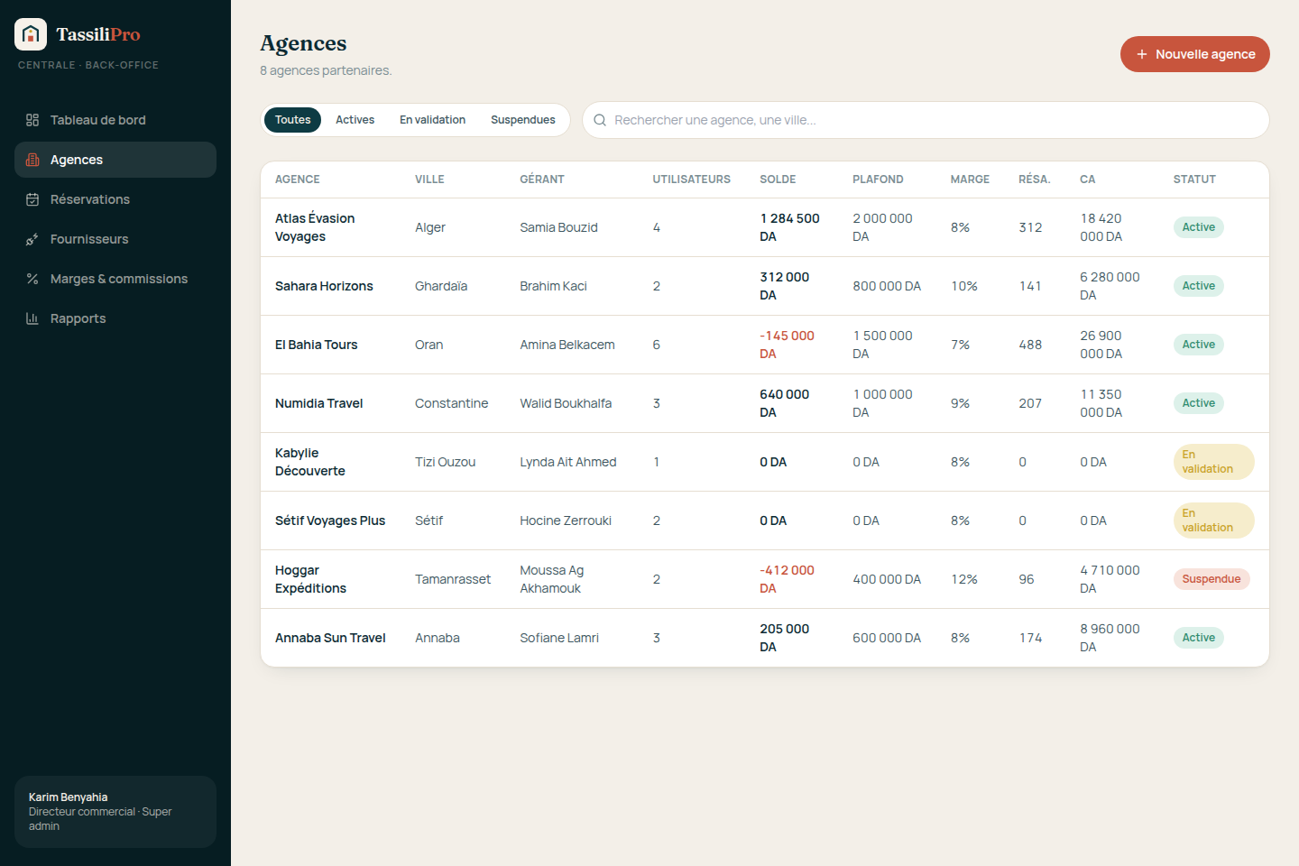Liste des agences et validations en attente