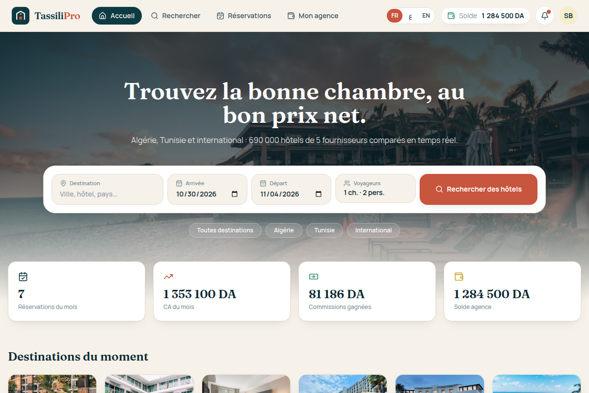 Tableau de bord agence avec recherche rapide