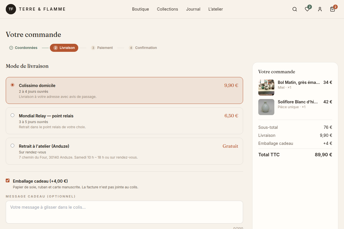 Commande : options de livraison et emballage cadeau