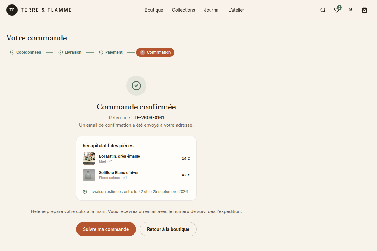 Confirmation de commande avec récapitulatif
