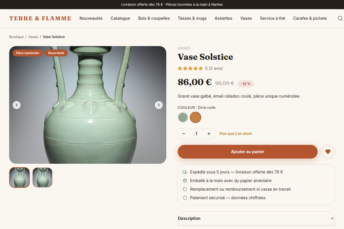 Fiche produit avec variantes et avis