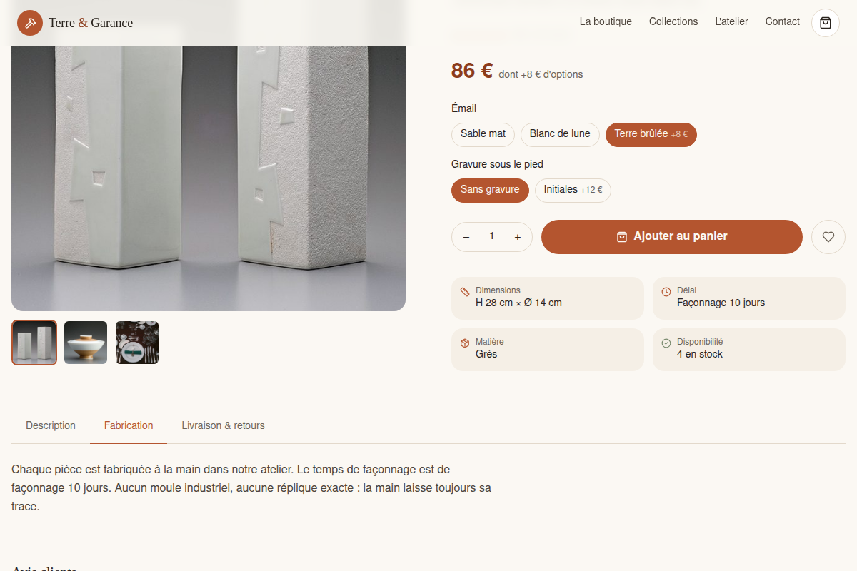 Fiche pièce avec options et prix en direct