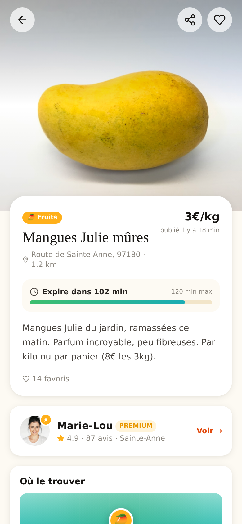 Fiche annonce : prix, fraîcheur, vendeur