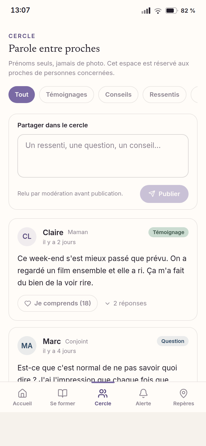 Cercle de parole entre proches, modéré