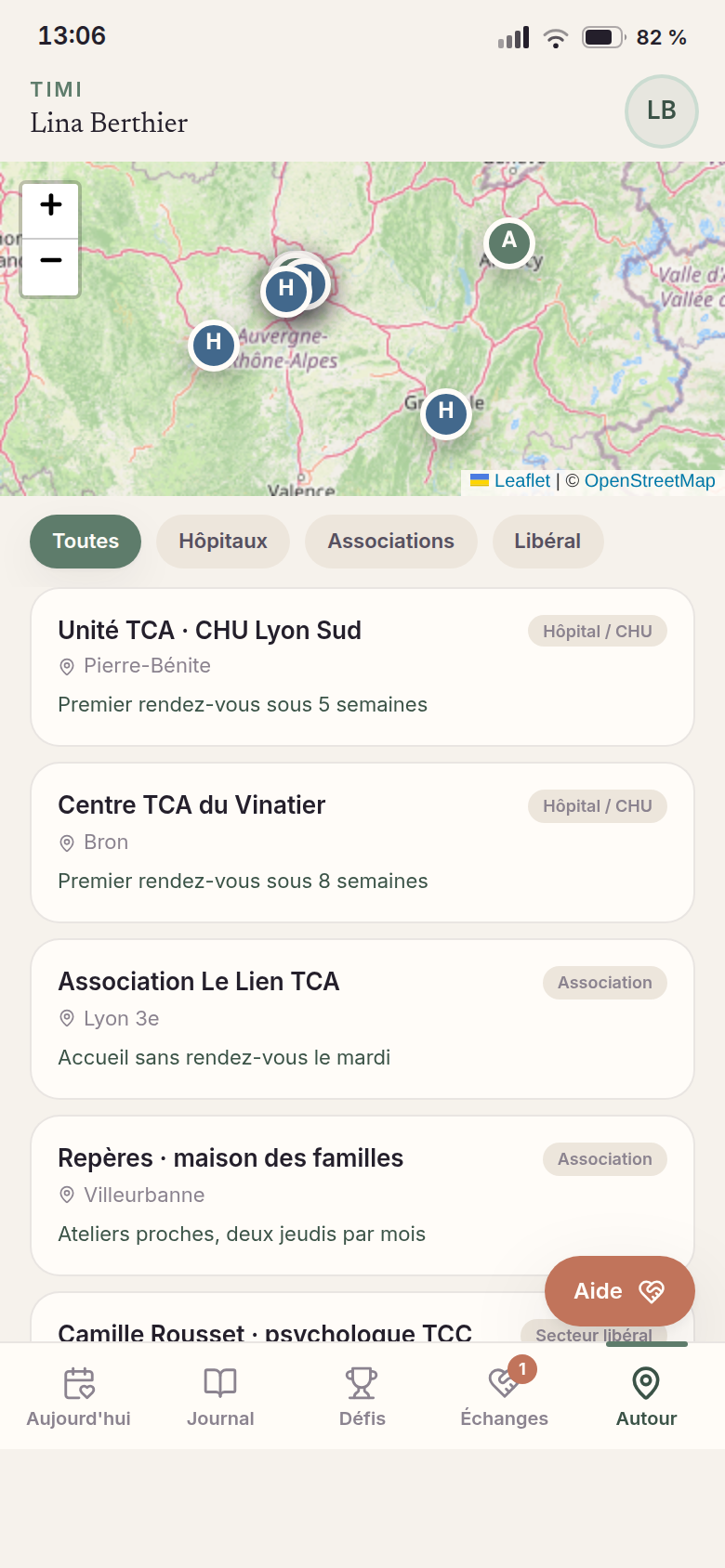 Carte des structures d'aide autour de Lina