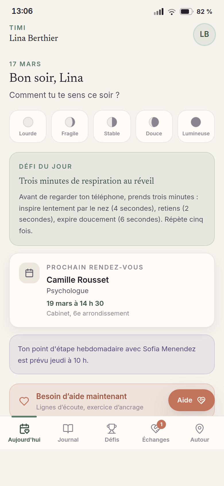 Accueil de Lina : humeur, défi du jour, rendez-vous