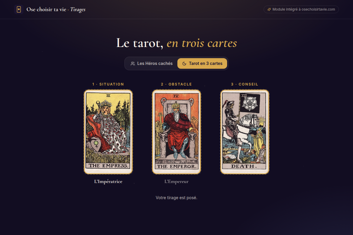 Sélection des 3 cartes, jeu Rider-Waite étalé