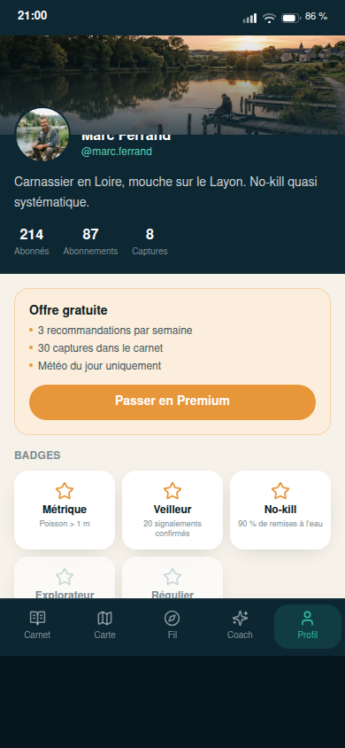 Profil pêcheur : badges et offre Premium