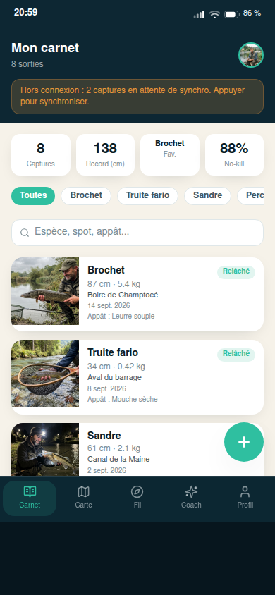 Carnet avec stats et historique de captures