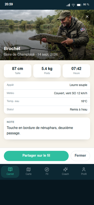 Fiche capture : photo, taille, poids, météo, note