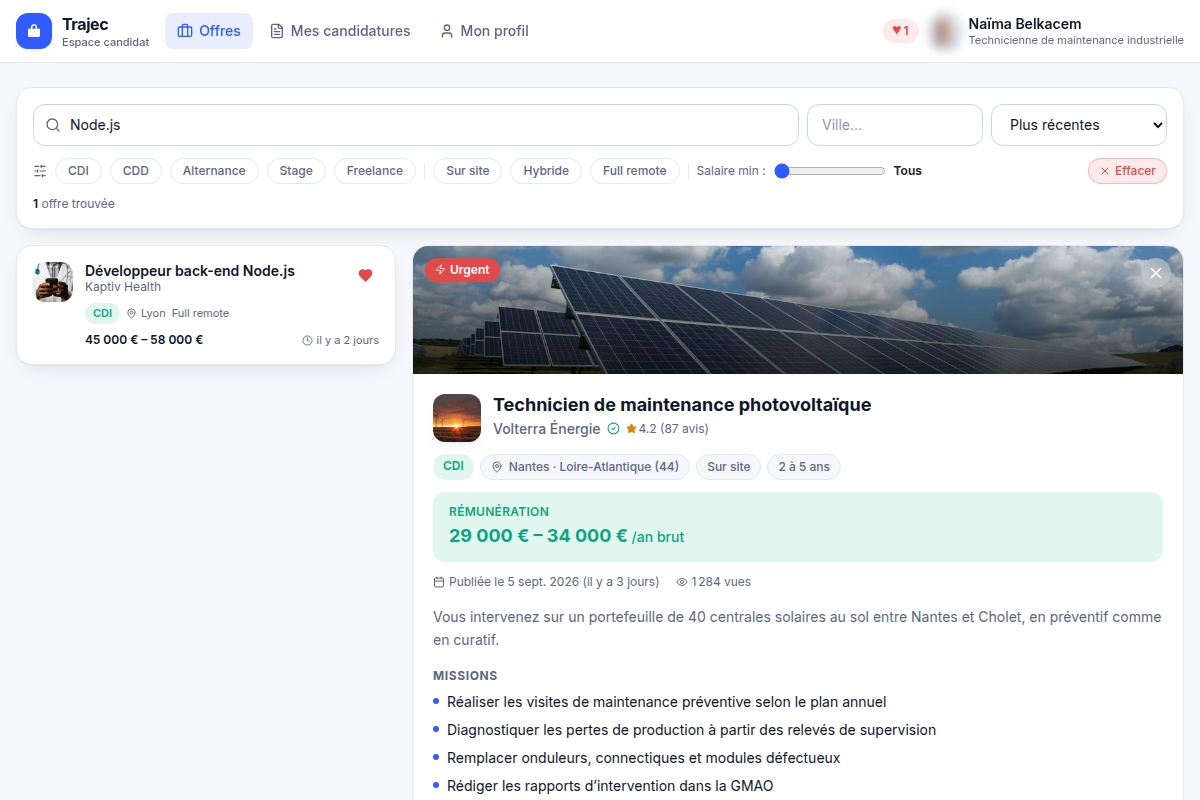 Filtres par mot-clé, ville et salaire
