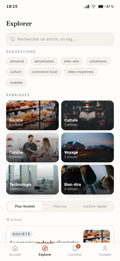 Recherche, suggestions et rubriques