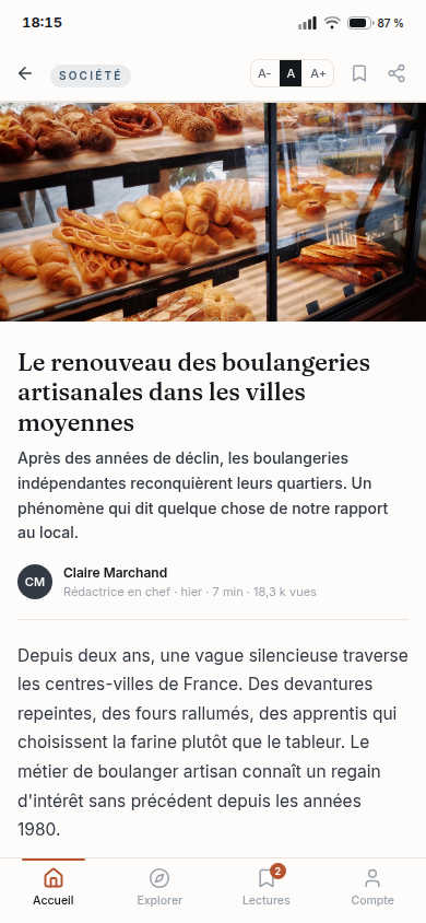 Lecteur d'article et taille de texte