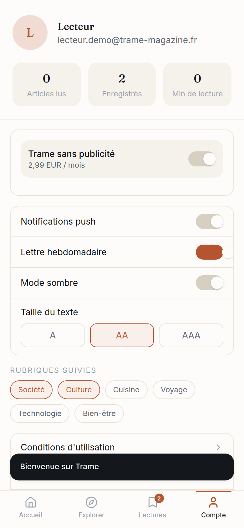 Compte connecté : stats et réglages