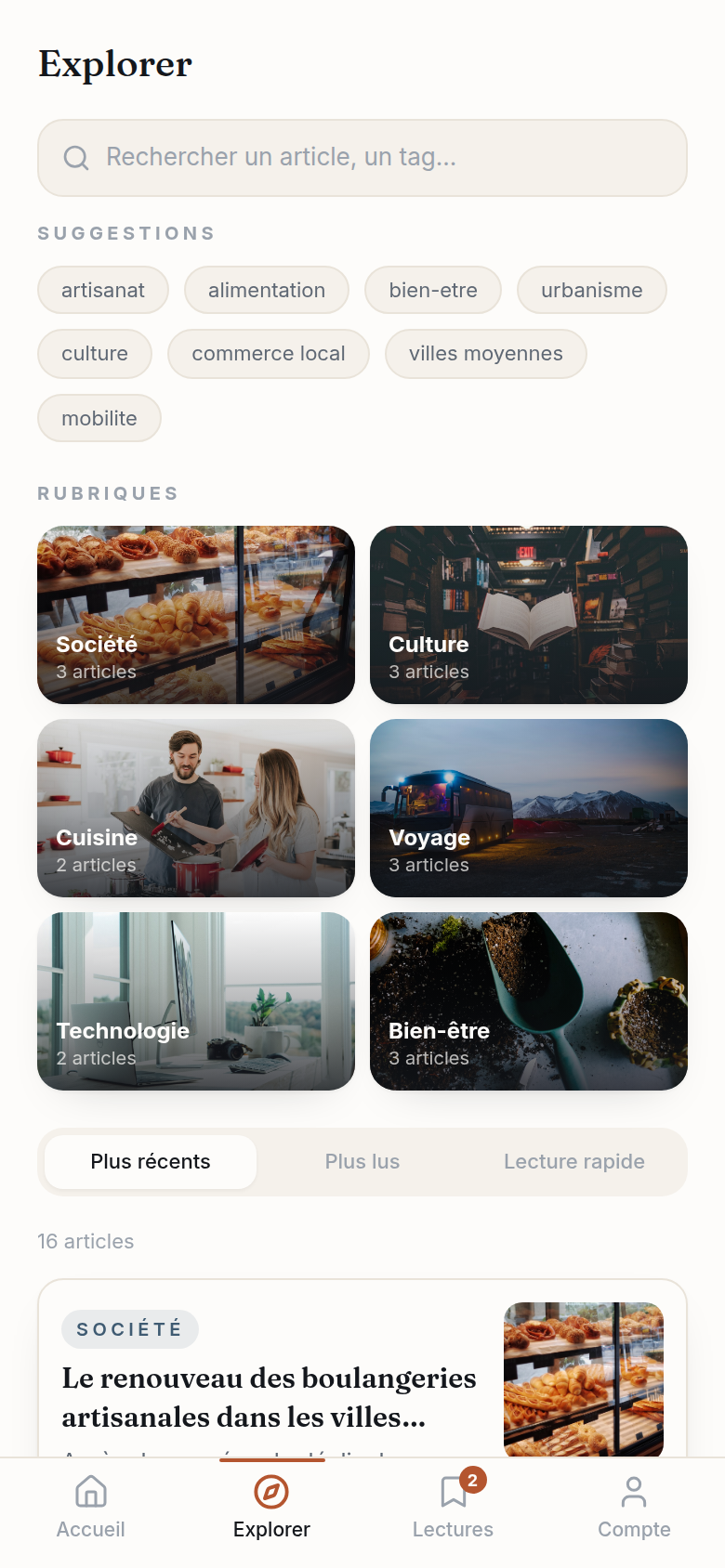 Explorer : recherche, tags et rubriques