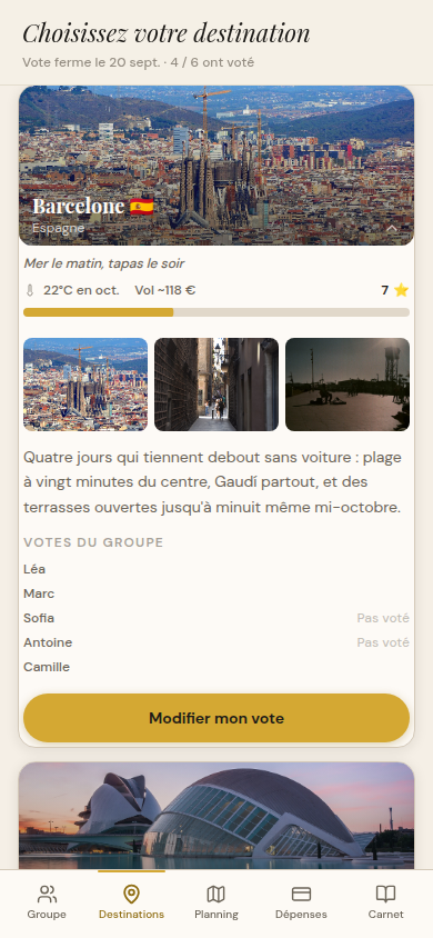 Destination Barcelone dépliée : détail des votes du groupe