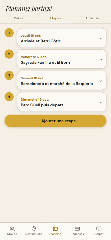 Planning partagé : frise verticale des étapes jour/jour