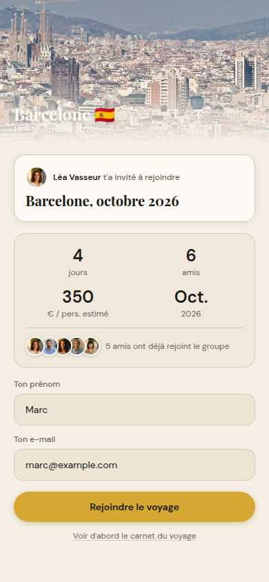 Invitation reçue : rejoindre le voyage Barcelone