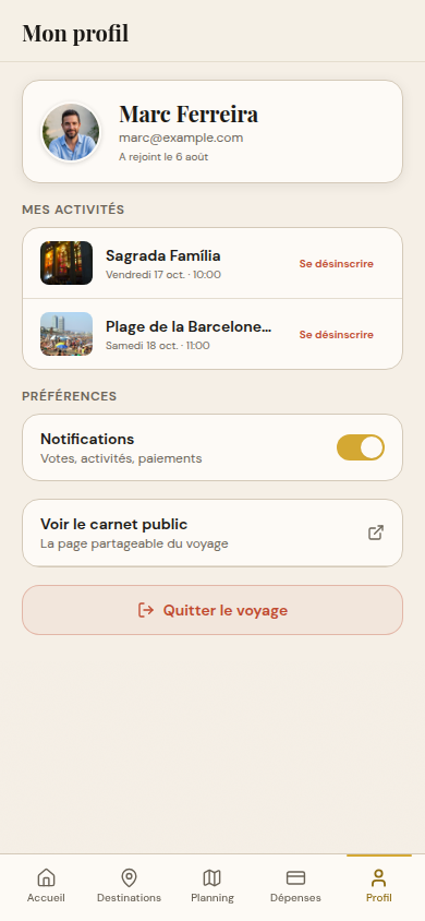Profil participant : activités, préférences, notifications