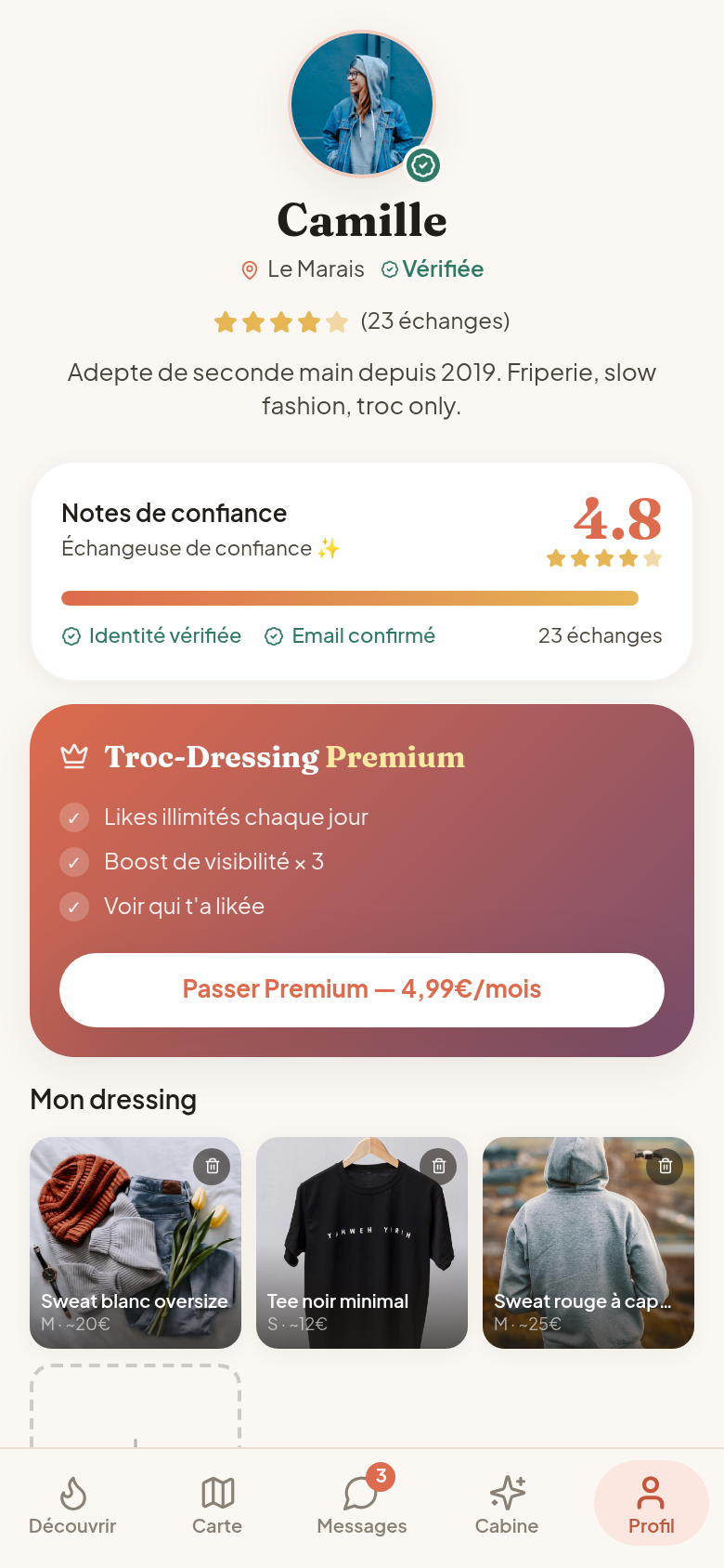 Profil, notes de confiance et dressing