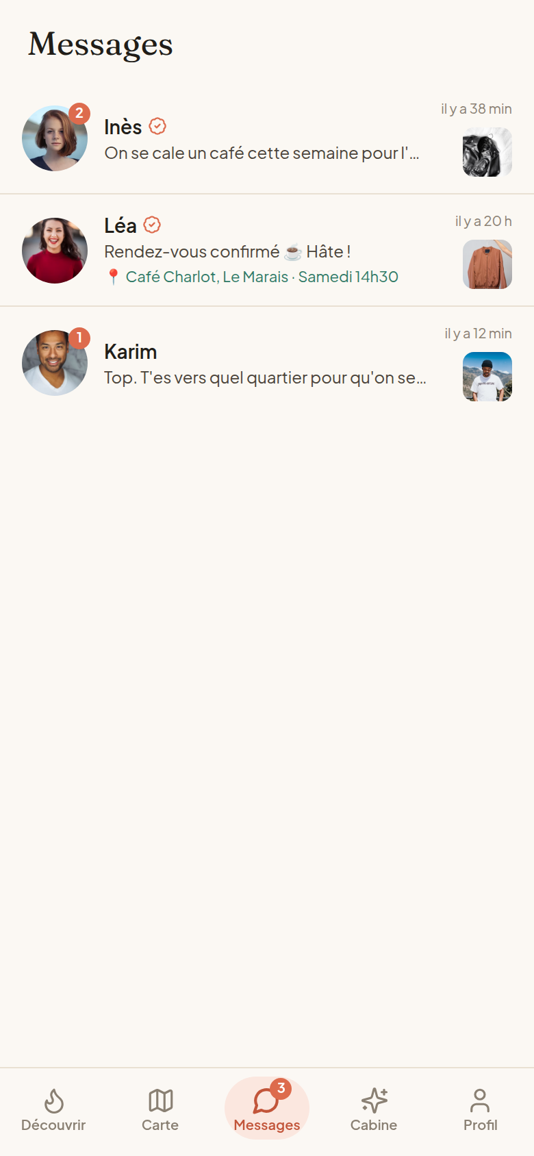 Fil des conversations et rendez-vous