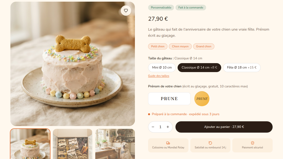 Le prénom du chien gravé sur le gâteau