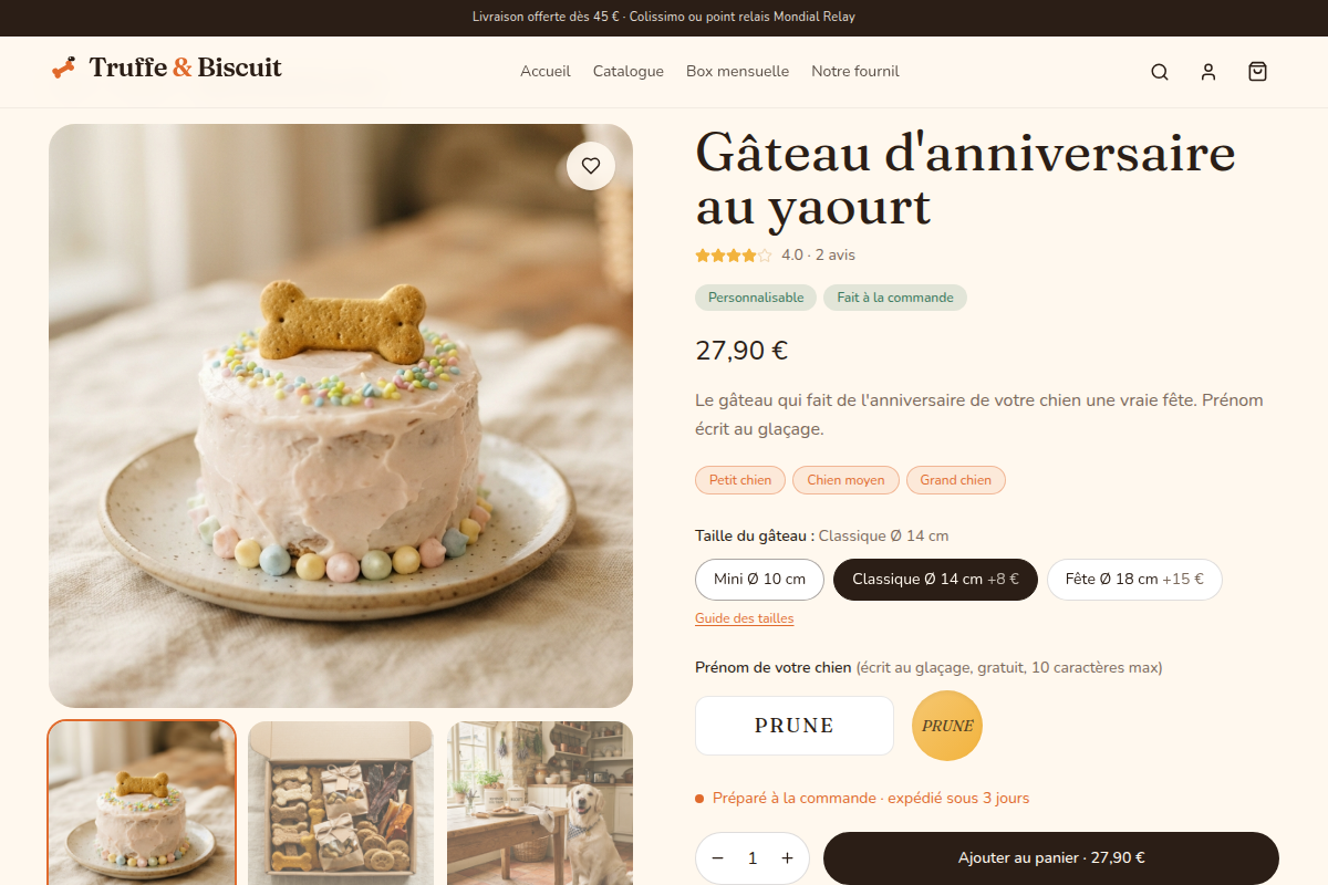 Gâteau d'anniversaire avec prénom du chien au glaçage
