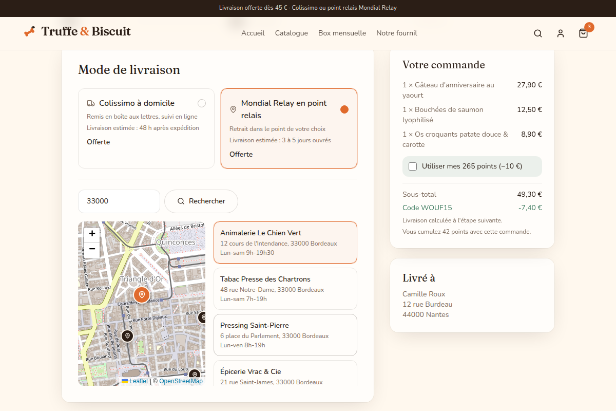 Choix du point relais Mondial Relay sur carte