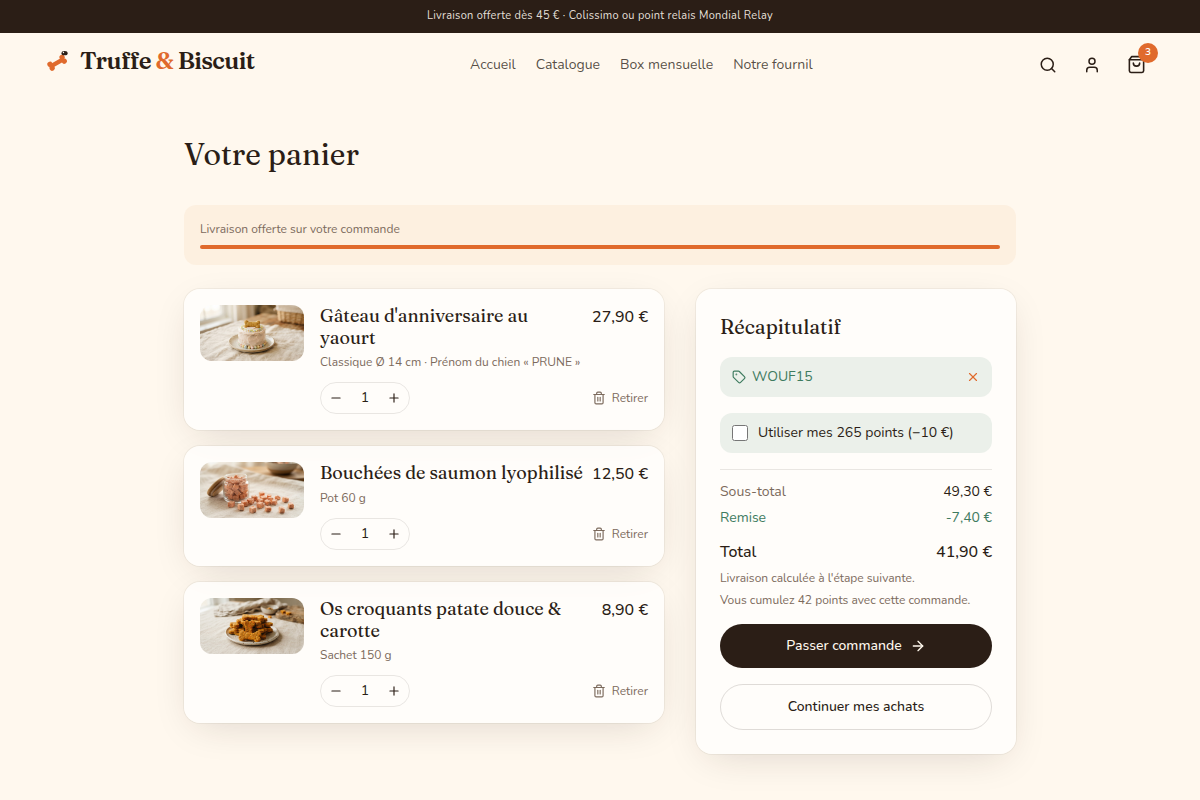 Panier multi-articles, code promo et points fidélité