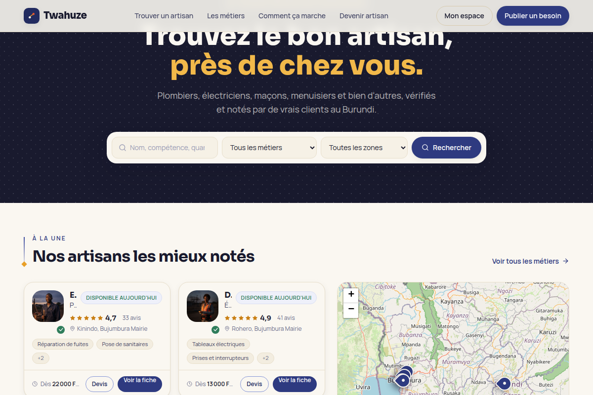 Hero, barre de recherche et artisans les mieux notés