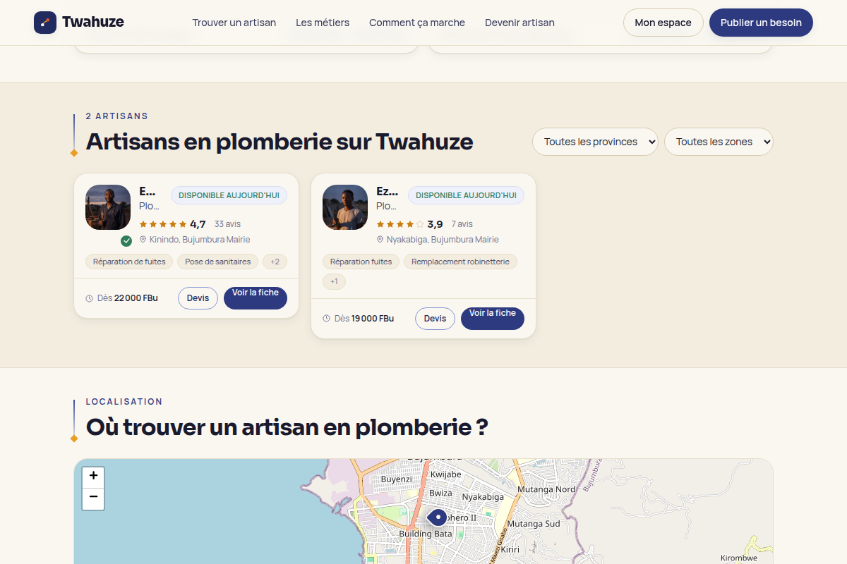 Artisans en plomberie et localisation sur carte