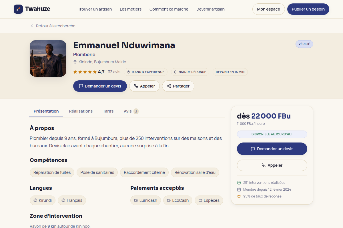 Profil détaillé, avis, compétences et tarifs